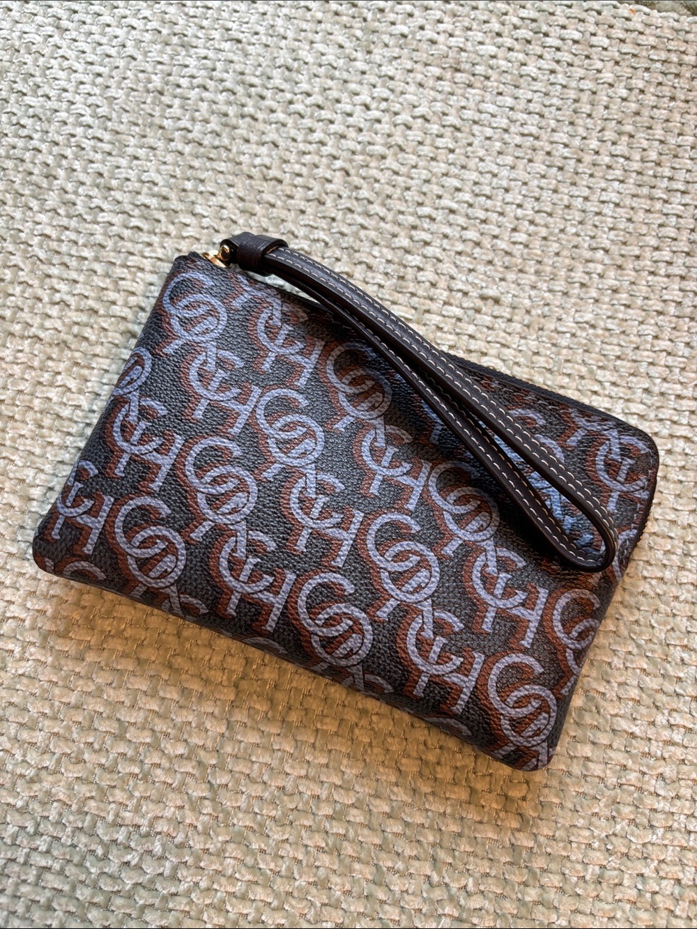 Coach Brown and Dark Brown Signature Wristlet Clutch